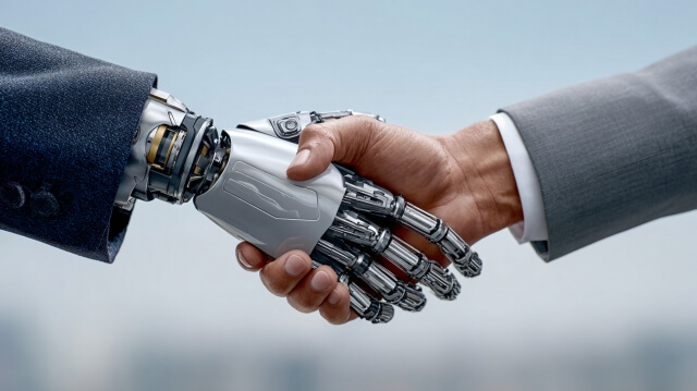 ロボットの手と握手する人の手