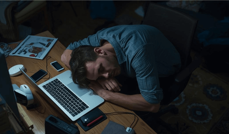 机で寝落ちした男性とノートPC