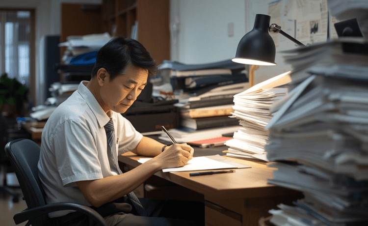 書類に囲まれてメモを書く男性