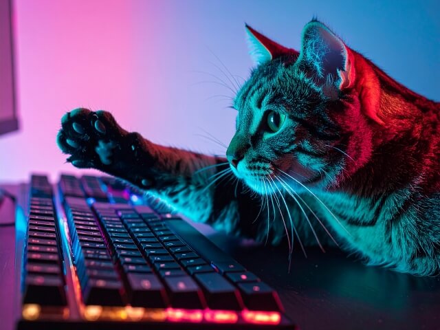 キーボードに前足を伸ばす猫