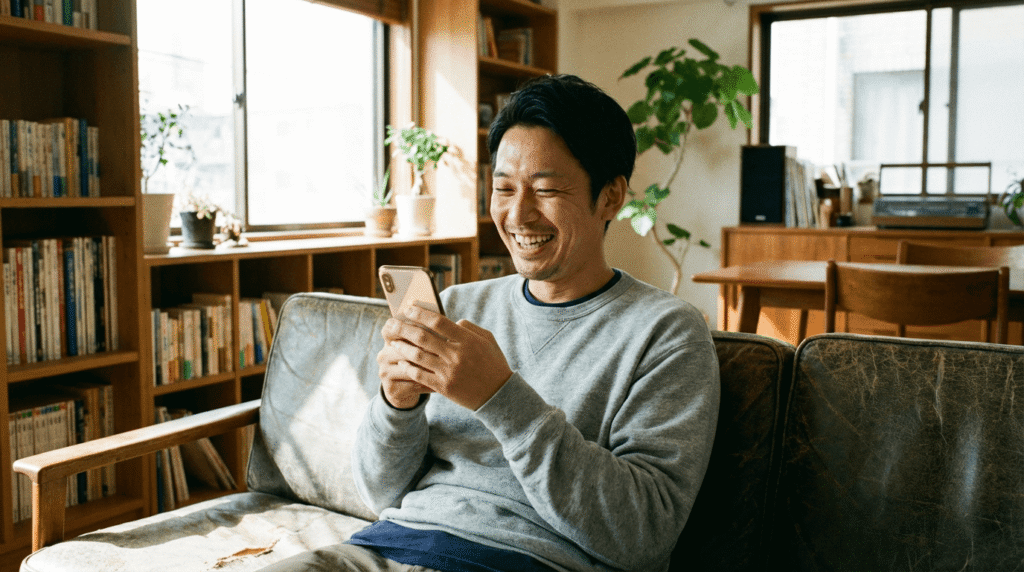 ソファーでiPhone XSの画面を見て笑う男性