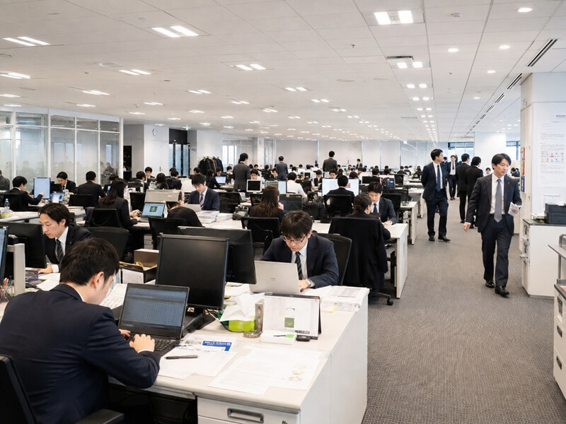 広いオフィスで多くの社員が働いている様子